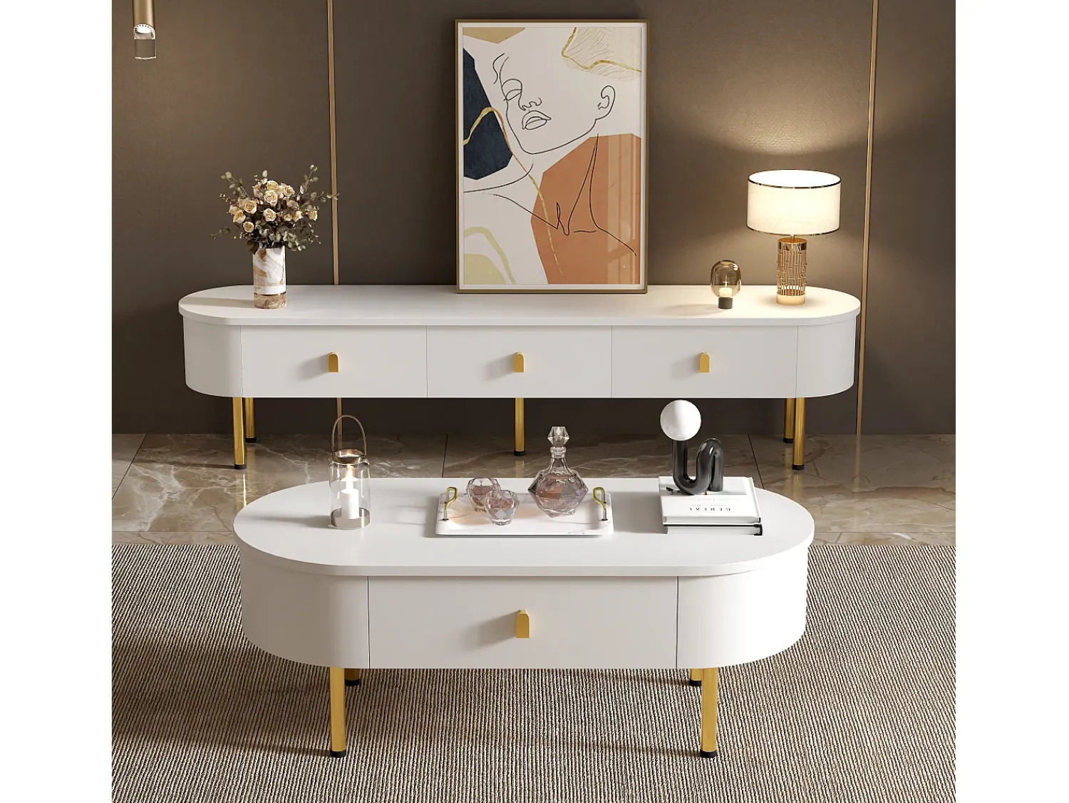 Online ModernLuxe Mesa de centro moderna - 2 gavetas com puxadores e pés dourados - MDF - Branco