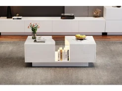 Mesa De Centro*Merax Mesa de centro moderna - 100 x 50 x 35 cm - com LEDs + 2 gavetas - tampo de acrílico - MDF - Branco