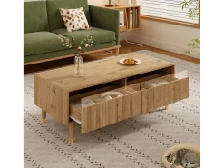 Mesa De Centro|Merax Mesa de centro moderna - 110 x 50 x 40 cm - com 2 gavetas + LEDs - MDF - natural Natural claro