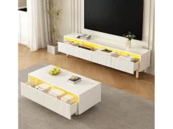Merax Mesa de centro moderna - 110 x 50 x 40 cm - com 2 gavetas + LEDs - MDF - branca^ Mesa De Centro
