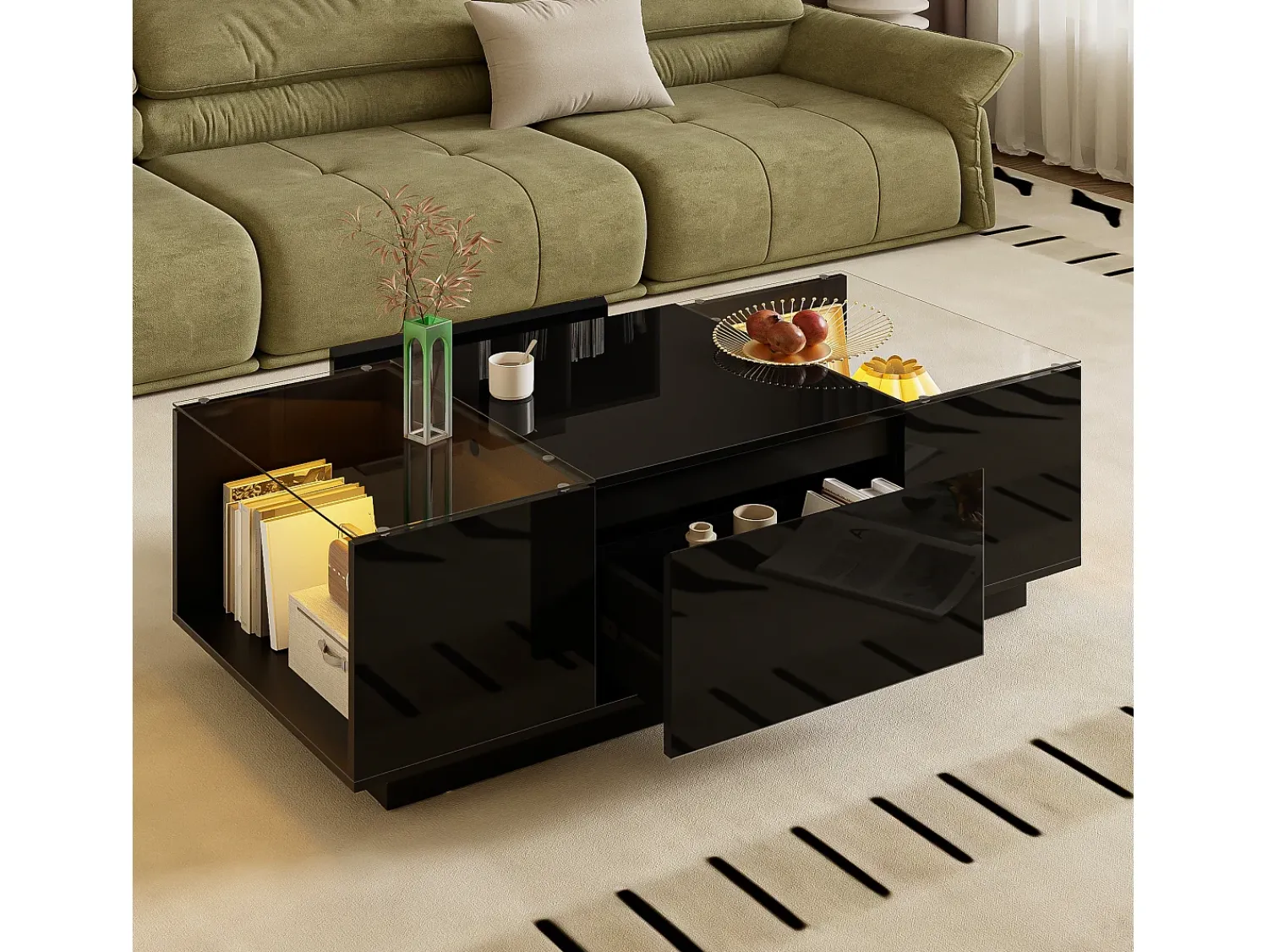 ModernLuxe Mesa de centro moderna 105×50×35 cm - tampo de vidro - com iluminação LED - 2 gavetas - prateleiras abertas -^ Mesa De Centro