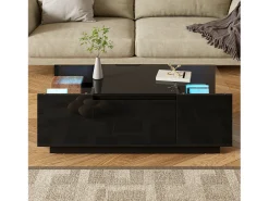 ModernLuxe Mesa de centro moderna 105×50×35 cm - tampo de vidro - com iluminação LED - 2 gavetas - prateleiras abertas -^ Mesa De Centro
