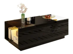 ModernLuxe Mesa de centro moderna 105×50×35 cm - tampo de vidro - com iluminação LED - 2 gavetas - prateleiras abertas -^ Mesa De Centro