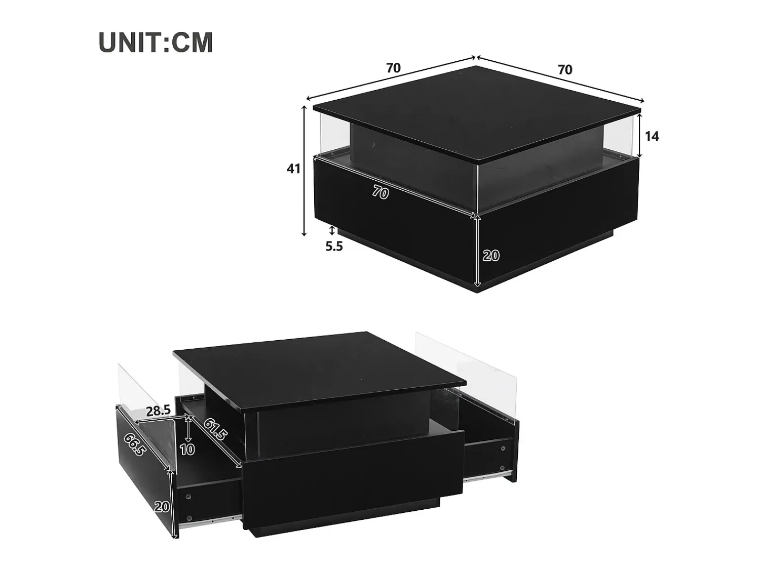 Mesa De Centro*ModernLuxe Mesa de centro moderna - com 2 gavetas + compartimentos em vidro - Preto