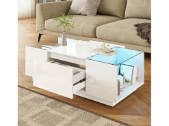 Mesa De Centro|ModernLuxe Mesa de centro moderna 105×50×35 cm - tampo de vidro - com iluminação LED - 2 gavetas - prateleiras abertas - Branco