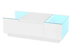 Mesa De Centro|ModernLuxe Mesa de centro moderna 105×50×35 cm - tampo de vidro - com iluminação LED - 2 gavetas - prateleiras abertas - Branco