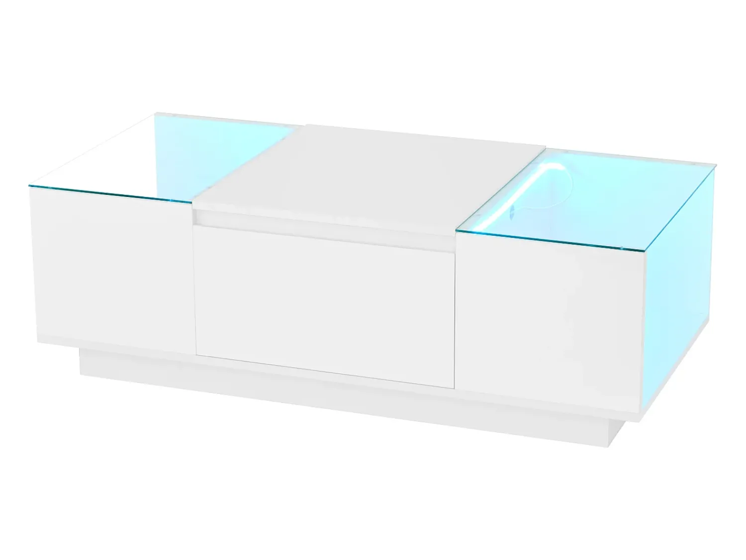 Mesa De Centro|ModernLuxe Mesa de centro moderna 105×50×35 cm - tampo de vidro - com iluminação LED - 2 gavetas - prateleiras abertas - Branco
