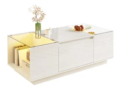 Mesa De Centro|ModernLuxe Mesa de centro moderna 105×50×35 cm - tampo de vidro - com iluminação LED - 2 gavetas - prateleiras abertas - Branco