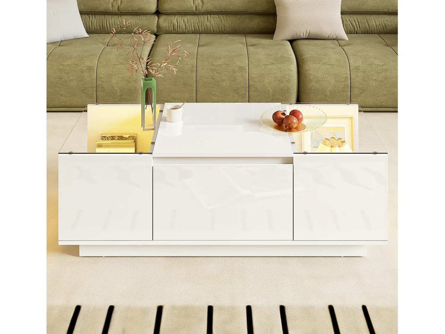 Mesa De Centro|ModernLuxe Mesa de centro moderna 105×50×35 cm - tampo de vidro - com iluminação LED - 2 gavetas - prateleiras abertas - Branco
