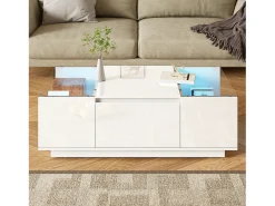 Mesa De Centro|ModernLuxe Mesa de centro moderna 105×50×35 cm - tampo de vidro - com iluminação LED - 2 gavetas - prateleiras abertas - Branco