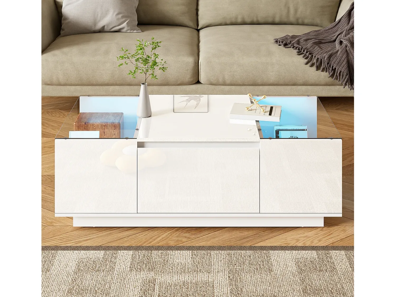 Mesa De Centro|ModernLuxe Mesa de centro moderna 105×50×35 cm - tampo de vidro - com iluminação LED - 2 gavetas - prateleiras abertas - Branco