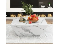 Mesa De Centro*ModernLuxe Mesa de centro moderna - com 2 gavetas - folheado com padrão mármore - Branco