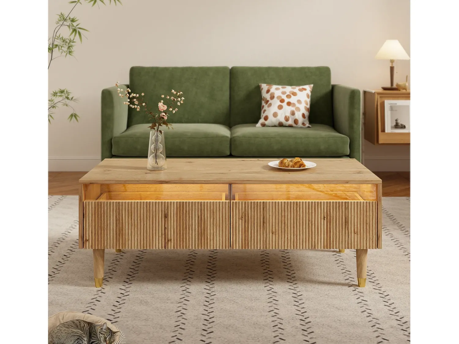 Mesa De Centro*ModernLuxe Mesa de centro moderna 110×50×40 cm - com iluminação LED - 2 gavetas - natural Natural claro