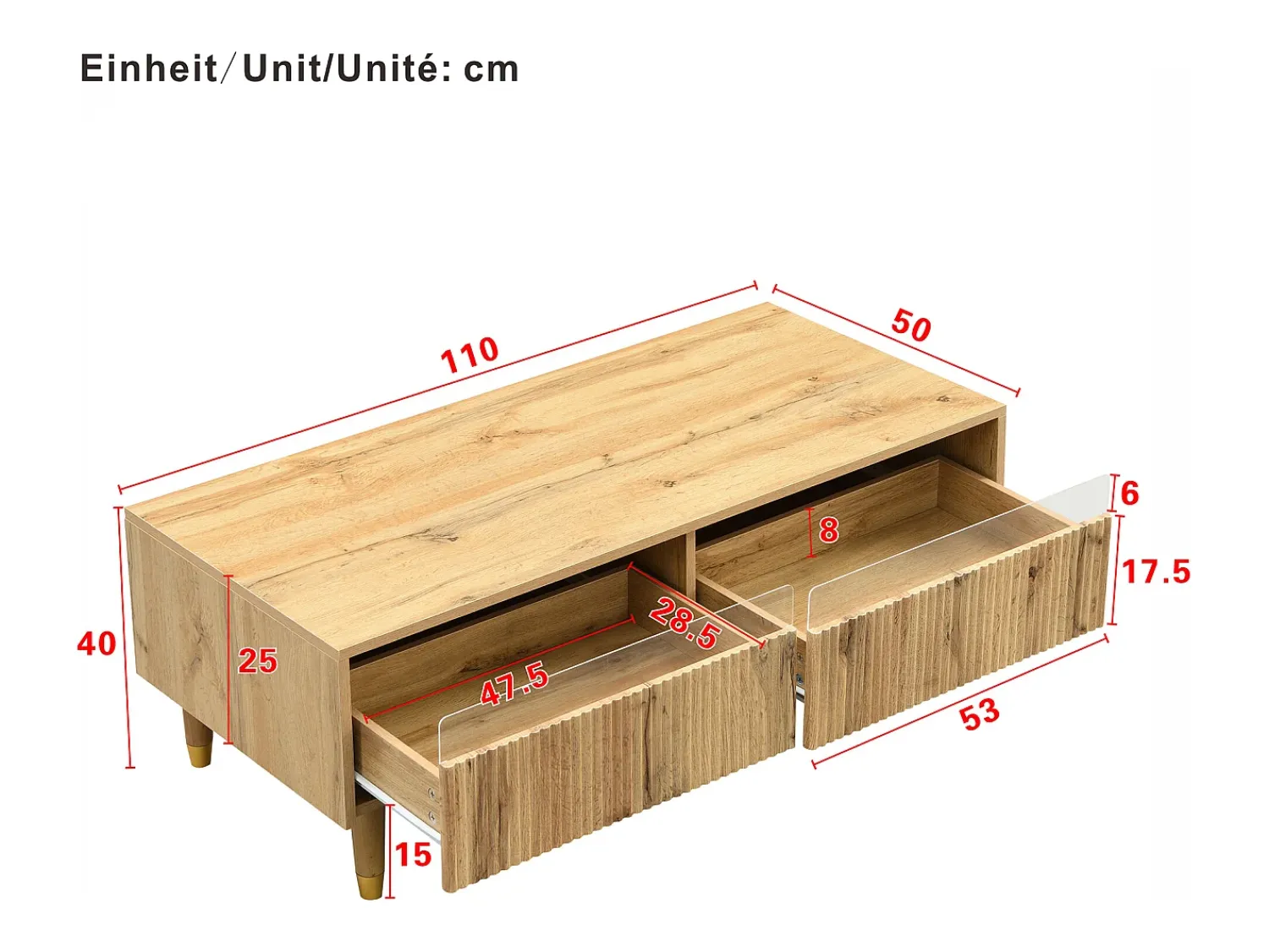 Mesa De Centro*ModernLuxe Mesa de centro moderna 110×50×40 cm - com iluminação LED - 2 gavetas - natural Natural claro