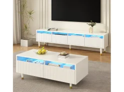 Mesa De Centro*ModernLuxe Mesa de centro moderna 110×50×40 cm - com 2 gavetas - com iluminação LED - MDF - Branco