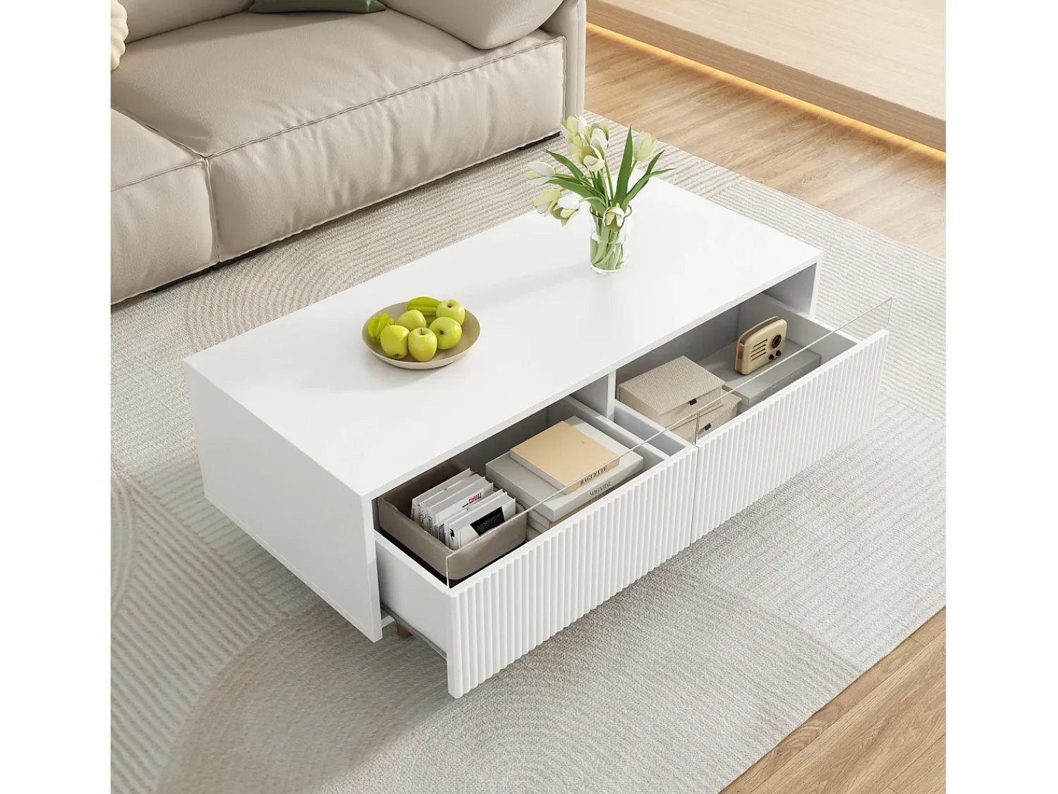 Mesa De Centro*ModernLuxe Mesa de centro moderna 110×50×40 cm - com 2 gavetas - com iluminação LED - MDF - Branco