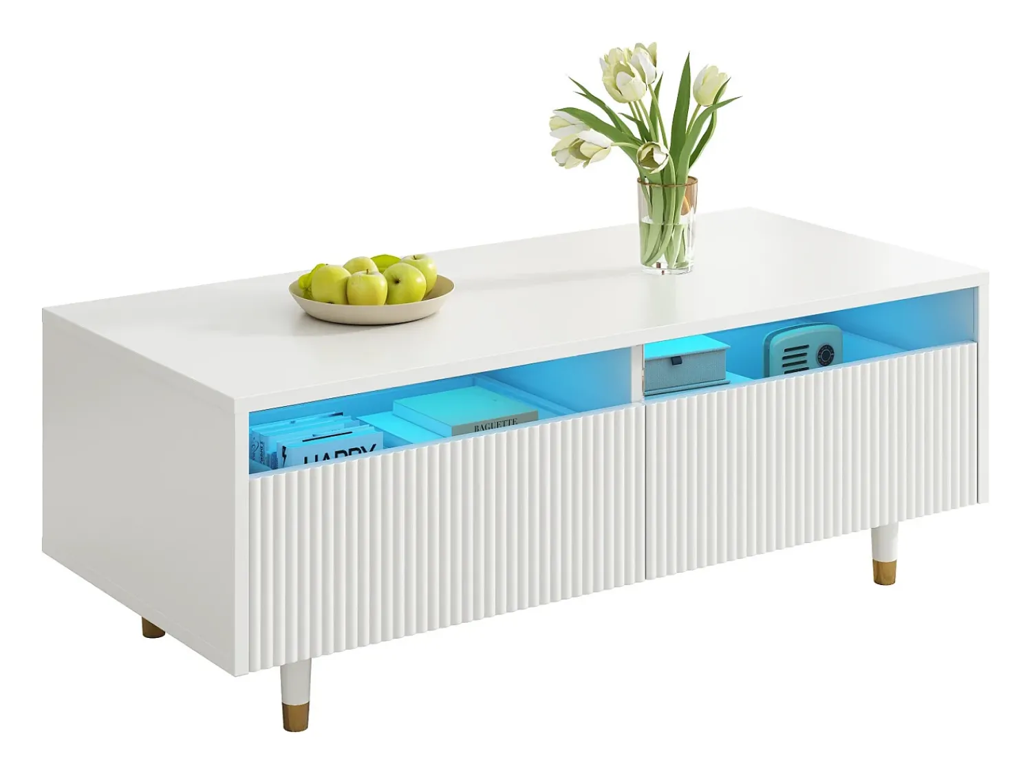 Mesa De Centro*ModernLuxe Mesa de centro moderna 110×50×40 cm - com 2 gavetas - com iluminação LED - MDF - Branco