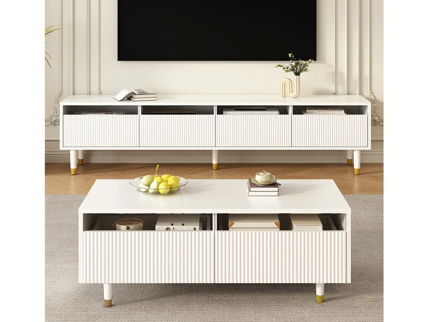 Mesa De Centro*ModernLuxe Mesa de centro moderna 110×50×40 cm - com 2 gavetas - com iluminação LED - MDF - Branco