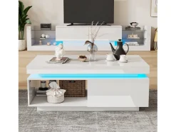 Mesa de centro moderna – Mesa de centro com iluminação LED e gavetas – compartimentos de arrumação abertos – branca^ Mesa De Centro