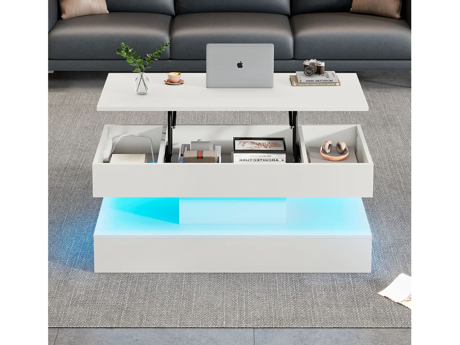 Clearance Mesa de centro moderna - Mesa de centro branca com iluminação LED e tomada de carregamento - elevação hidráulica Branco