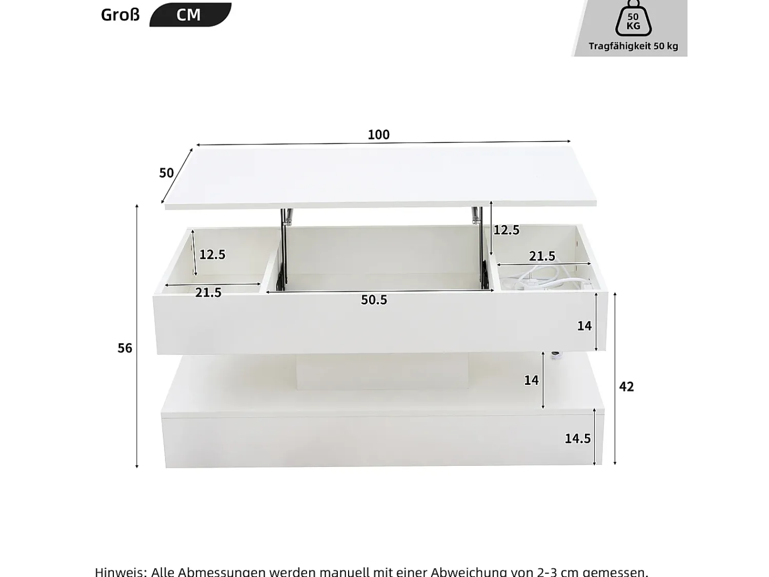 Clearance Mesa de centro moderna - Mesa de centro branca com iluminação LED e tomada de carregamento - elevação hidráulica Branco