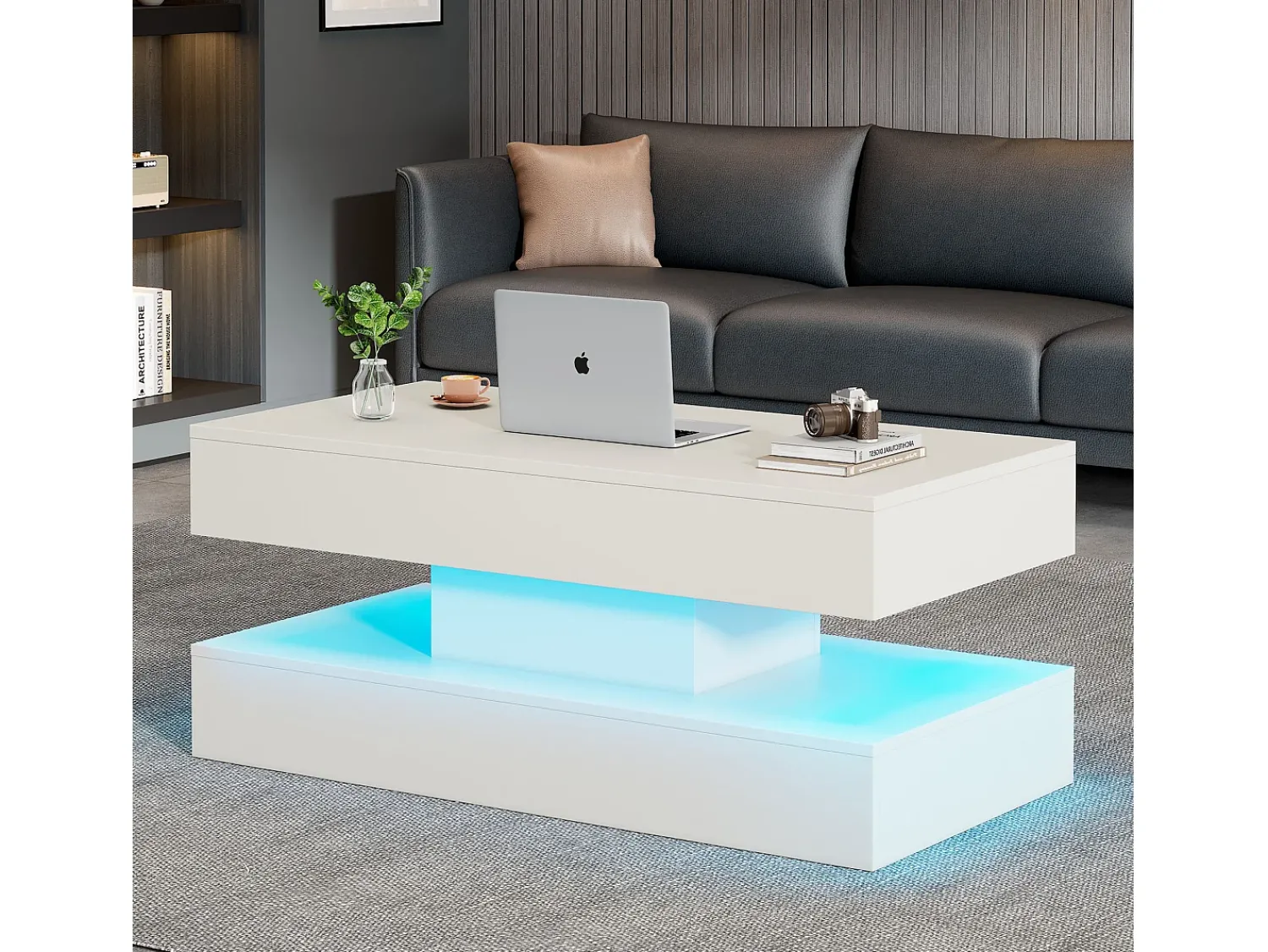 Clearance Mesa de centro moderna - Mesa de centro branca com iluminação LED e tomada de carregamento - elevação hidráulica Branco