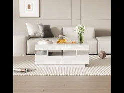 Mesa de centro moderna branca com LED, móvel para sala de estar com espaço de armazenamento e quatro gavetas, branca.^ Mesa De Centro