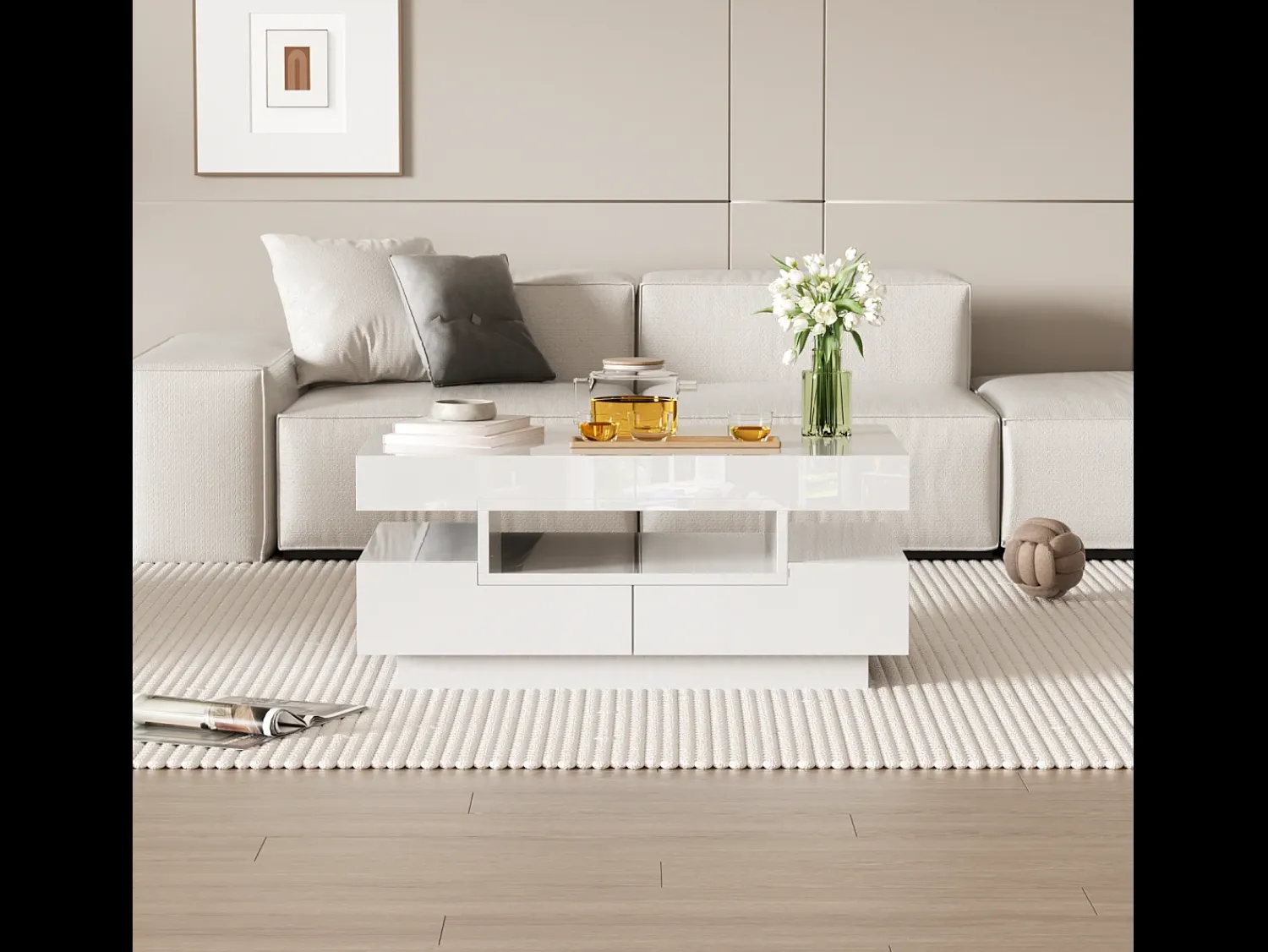 Mesa de centro moderna branca com LED, móvel para sala de estar com espaço de armazenamento e quatro gavetas, branca.^ Mesa De Centro