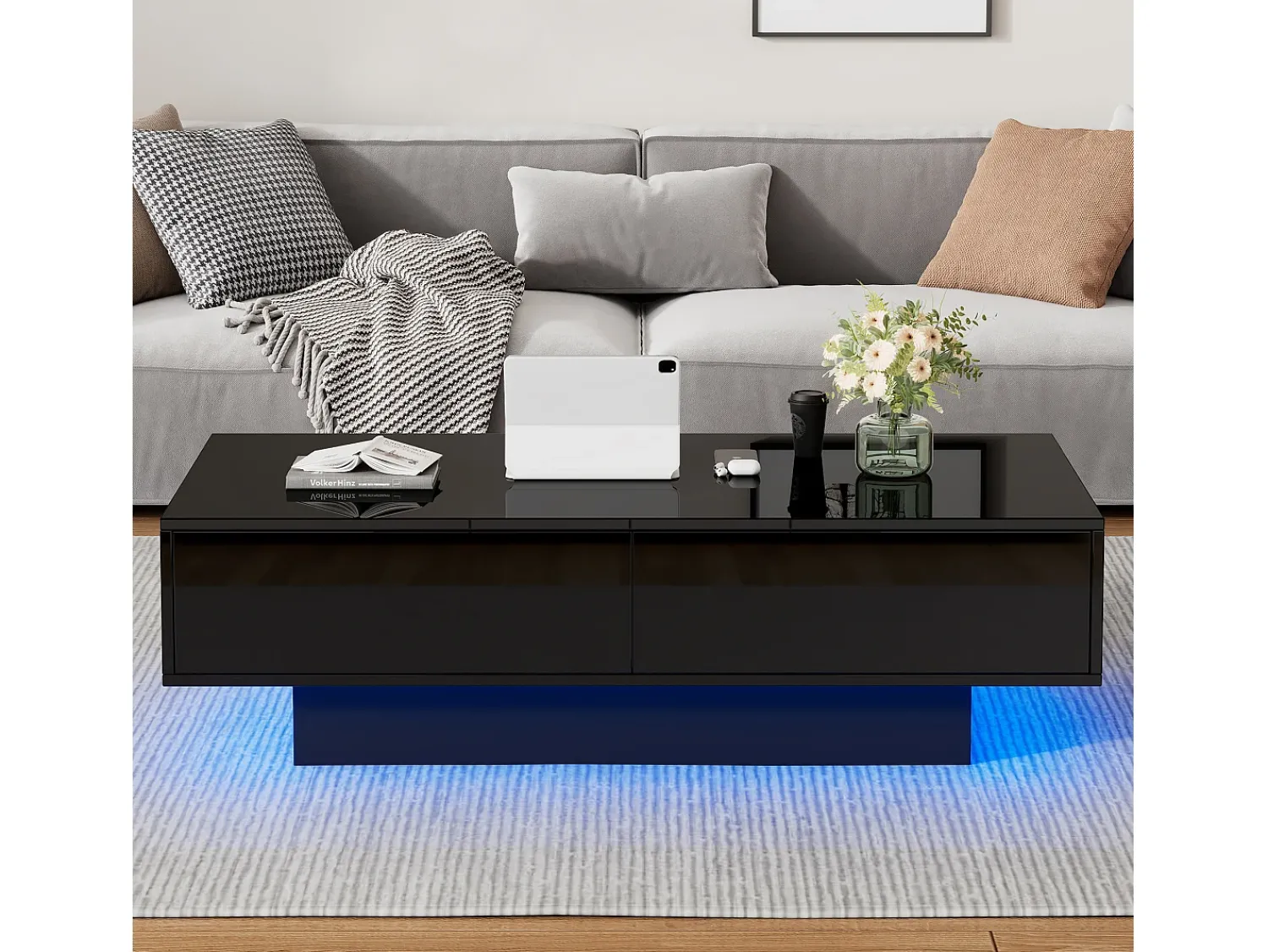 Mesa De Centro* Mesa de Centro Moderna Brilhante - Mesa de Centro com 2 Gavetas e Iluminação LED - Preto