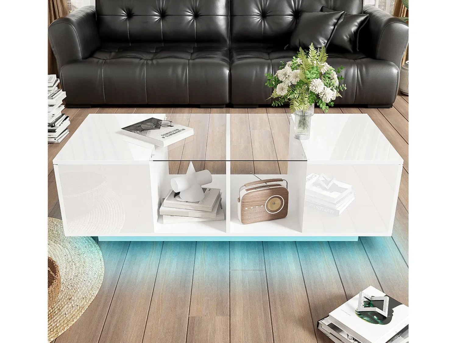 Mesa De Centro* Mesa de centro moderna branca com iluminação LED, duas portas de armário e amplo espaço de armazenamento. Branco