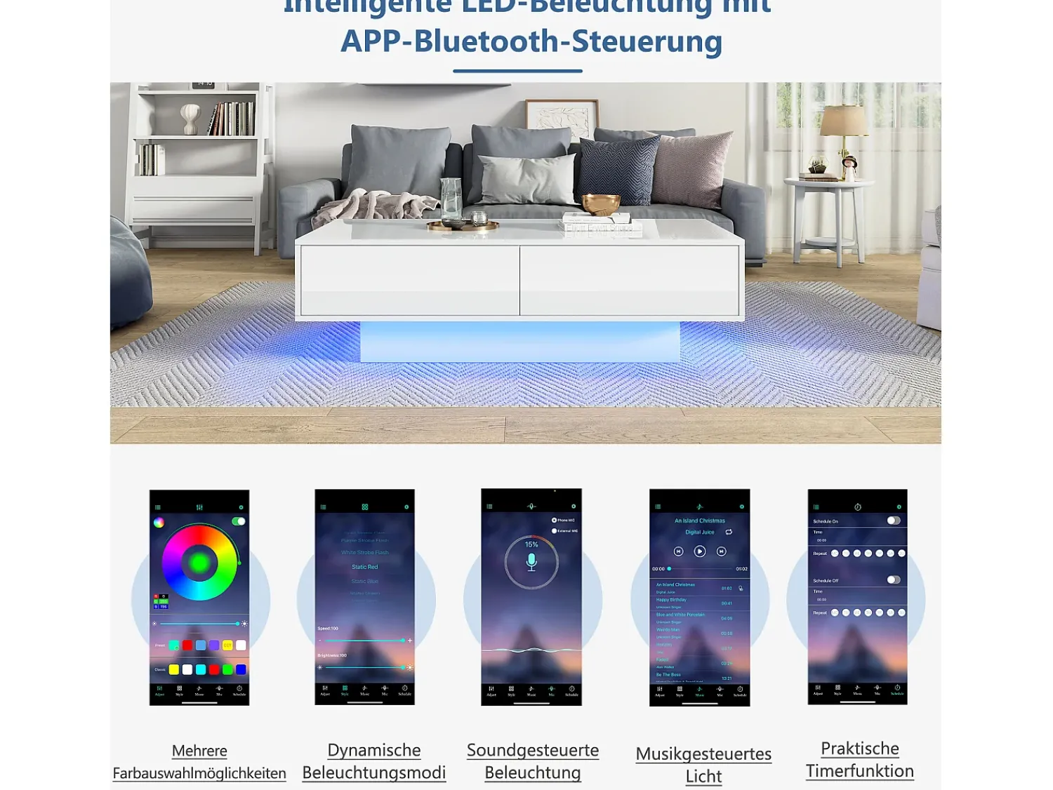 Mesa De Centro|Merax Mesa de centro moderna brilhante com 2 gavetas - 115 x 55 x 34 cm - LEDs - Aglomerado - Preto
