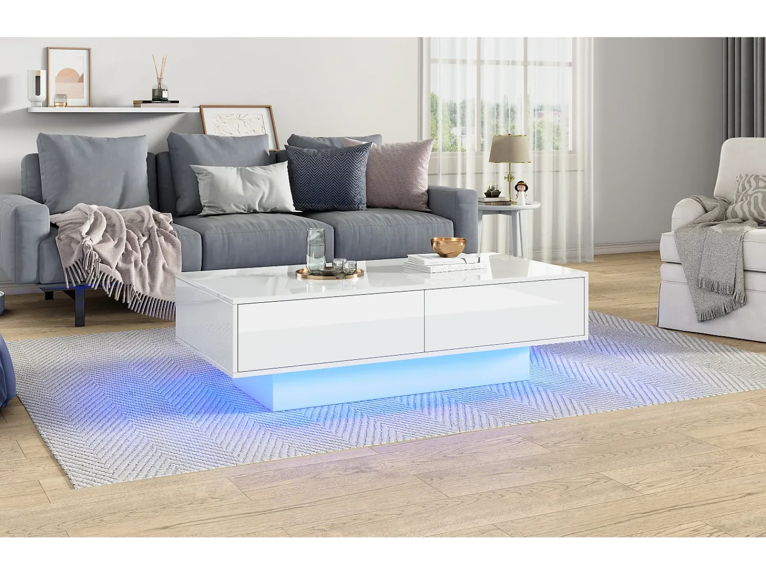 Mesa De Centro|Merax Mesa de centro moderna brilhante com 2 gavetas - 115 x 55 x 34 cm - LEDs - Aglomerado - Preto