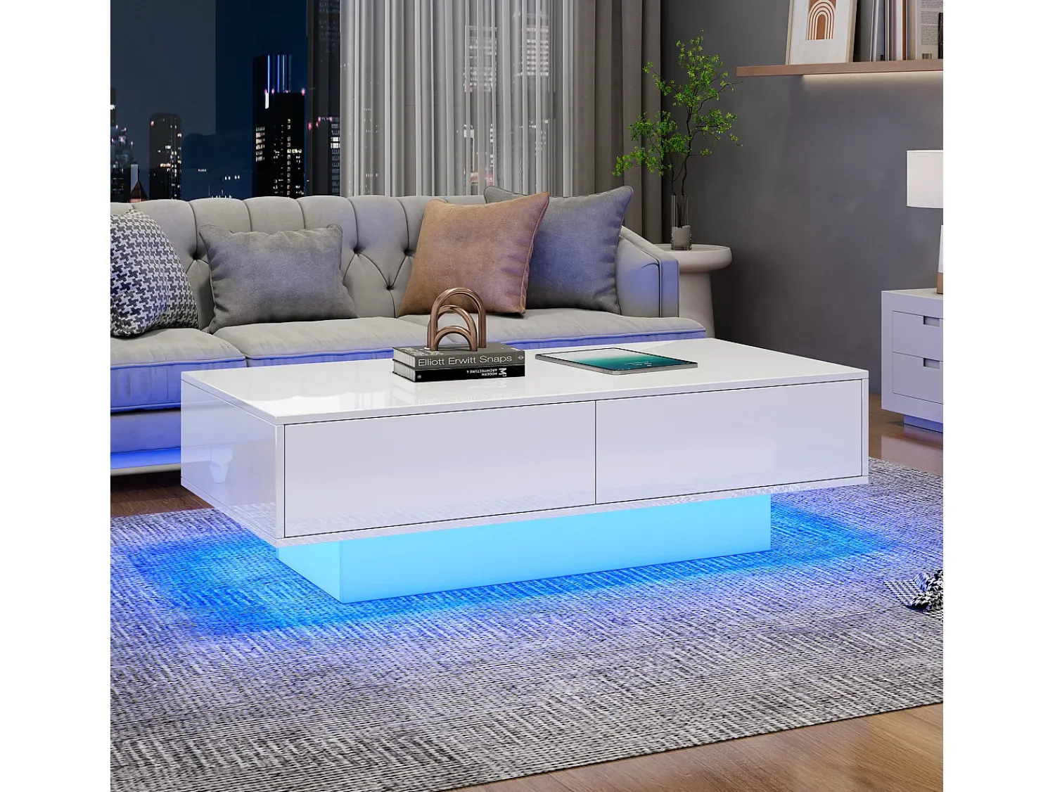 Mesa De Centro|Merax Mesa de centro moderna brilhante com 2 gavetas - 115 x 55 x 34 cm - LEDs - Aglomerado - Preto