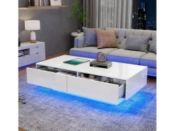 Mesa De Centro|Merax Mesa de centro moderna brilhante com 2 gavetas - 115 x 55 x 34 cm - LEDs - Aglomerado - Preto