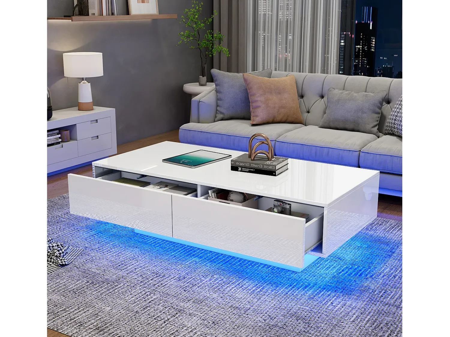 Mesa De Centro|Merax Mesa de centro moderna brilhante com 2 gavetas - 115 x 55 x 34 cm - LEDs - Aglomerado - Preto