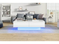 Mesa De Centro|Merax Mesa de centro moderna brilhante com 2 gavetas - 115 x 55 x 34 cm - LEDs - Aglomerado - Preto