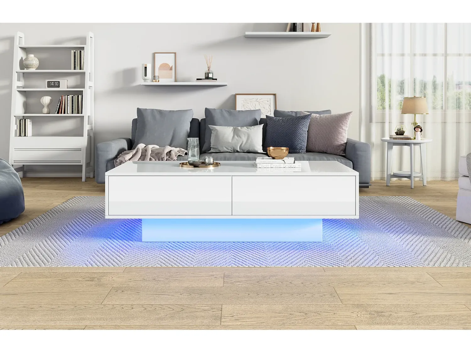Mesa De Centro|Merax Mesa de centro moderna brilhante com 2 gavetas - 115 x 55 x 34 cm - LEDs - Aglomerado - Preto
