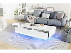 Mesa De Centro|Merax Mesa de centro moderna brilhante com 2 gavetas - 115 x 55 x 34 cm - LEDs - Aglomerado - Preto