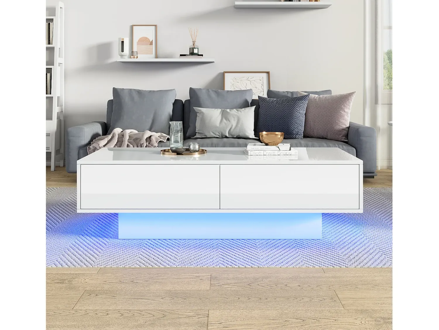 Mesa De Centro|Merax Mesa de centro moderna brilhante com 2 gavetas - 115 x 55 x 34 cm - LEDs - Aglomerado - Preto