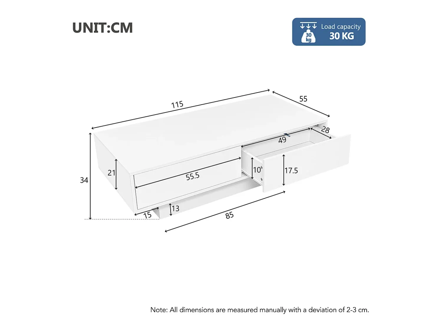 Mesa De Centro|Merax Mesa de centro moderna brilhante com 2 gavetas - 115 x 55 x 34 cm - LEDs - Aglomerado - Preto