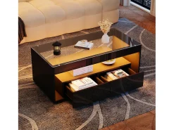 Sale Hauss Spole Mesa de centro moderna com 2 gavetas e prateleiras, LED, tampo de vidro temperado, superfície lacada preta Preto