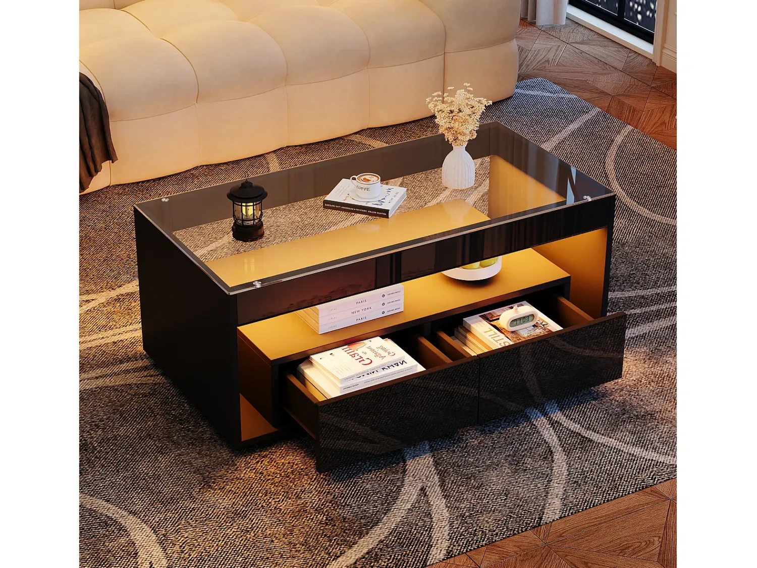 Sale Hauss Spole Mesa de centro moderna com 2 gavetas e prateleiras, LED, tampo de vidro temperado, superfície lacada preta Preto