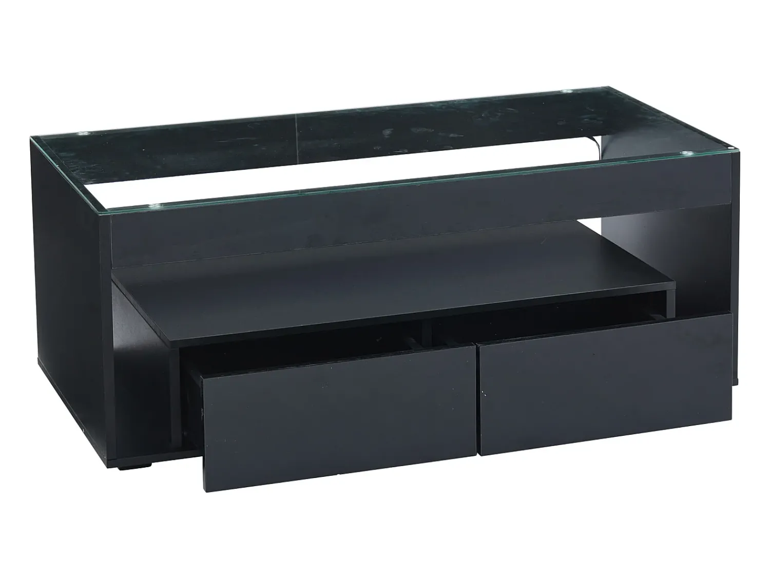 Sale Hauss Spole Mesa de centro moderna com 2 gavetas e prateleiras, LED, tampo de vidro temperado, superfície lacada preta Preto
