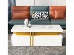 Mesa De Centro|Hauss Spole Mesa de centro moderna com 2 gavetas em folheado de mármore , bordas laterais em metal dourado Branco