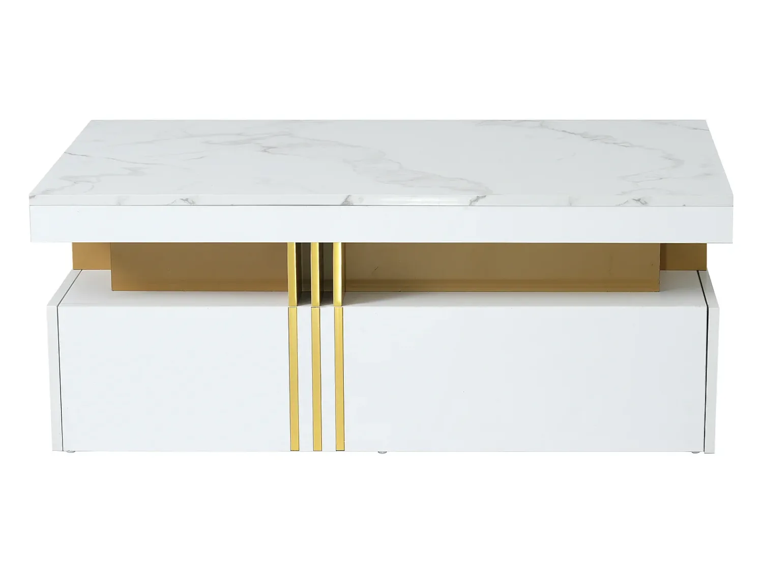 Mesa De Centro|Hauss Spole Mesa de centro moderna com 2 gavetas em folheado de mármore , bordas laterais em metal dourado Branco