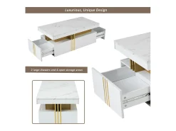 Mesa De Centro|Hauss Spole Mesa de centro moderna com 2 gavetas em folheado de mármore , bordas laterais em metal dourado Branco