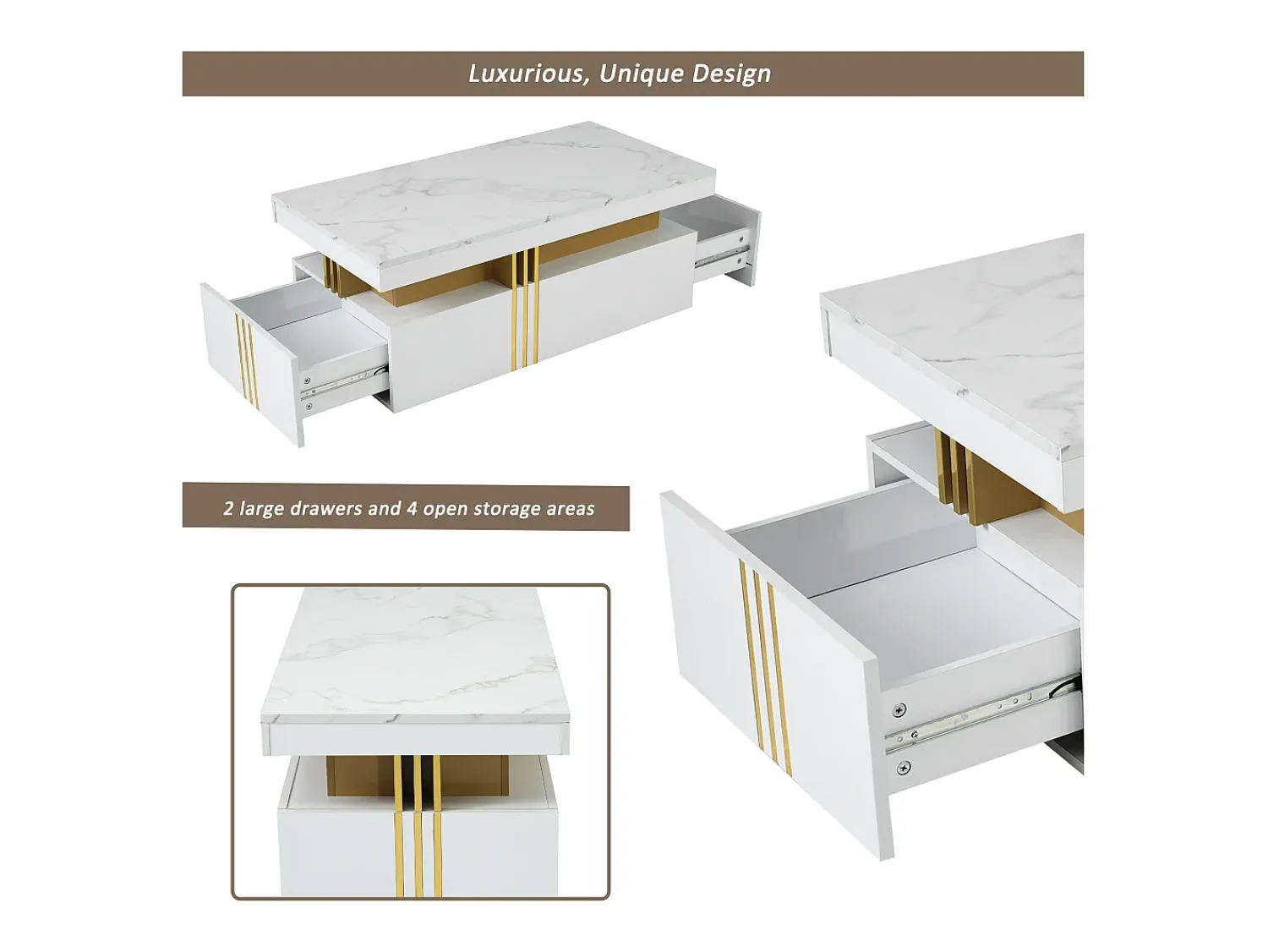 Mesa De Centro|Hauss Spole Mesa de centro moderna com 2 gavetas em folheado de mármore , bordas laterais em metal dourado Branco