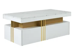 Mesa De Centro|Hauss Spole Mesa de centro moderna com 2 gavetas em folheado de mármore , bordas laterais em metal dourado Branco