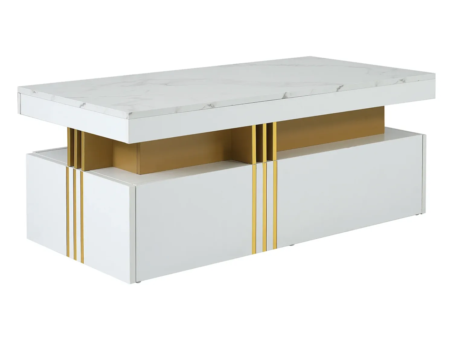 Mesa De Centro|Hauss Spole Mesa de centro moderna com 2 gavetas em folheado de mármore , bordas laterais em metal dourado Branco