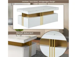 Mesa De Centro|Hauss Spole Mesa de centro moderna com 2 gavetas em folheado de mármore , bordas laterais em metal dourado Branco